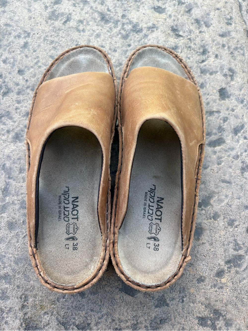 Naot Tan/Brown Leather Slip-On Mules with Espadrille Stitching
